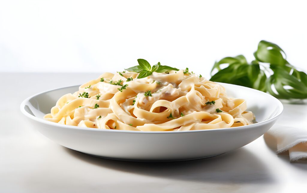 Fettuccine Alfredo cremoso com salsa fresca e manjericão