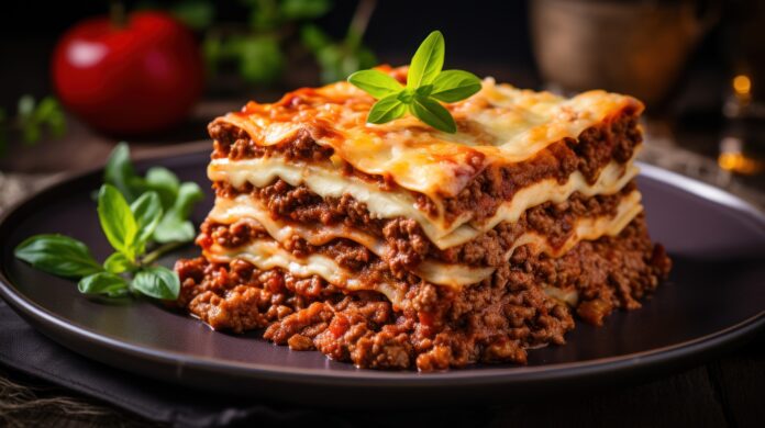 Lasanha à bolonhesa tradicional com camadas de carne, molho e queijo