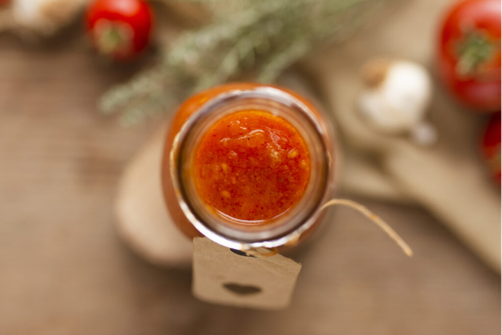 Molho de tomate caseiro em frasco visto de cima