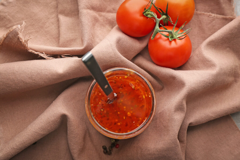 Molho de tomate italiano caseiro em um pote de vidro com tomates frescos ao lado