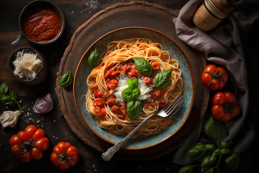 Prato de espaguete ao molho de tomate com folhas de manjericão e queijo parmesão ralado, em estilo napolitano