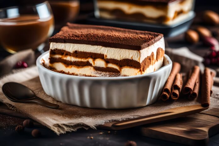 Tiramisu servido em uma travessa branca, com camadas de mascarpone, café e cacau, decorado com paus de canela ao lado.