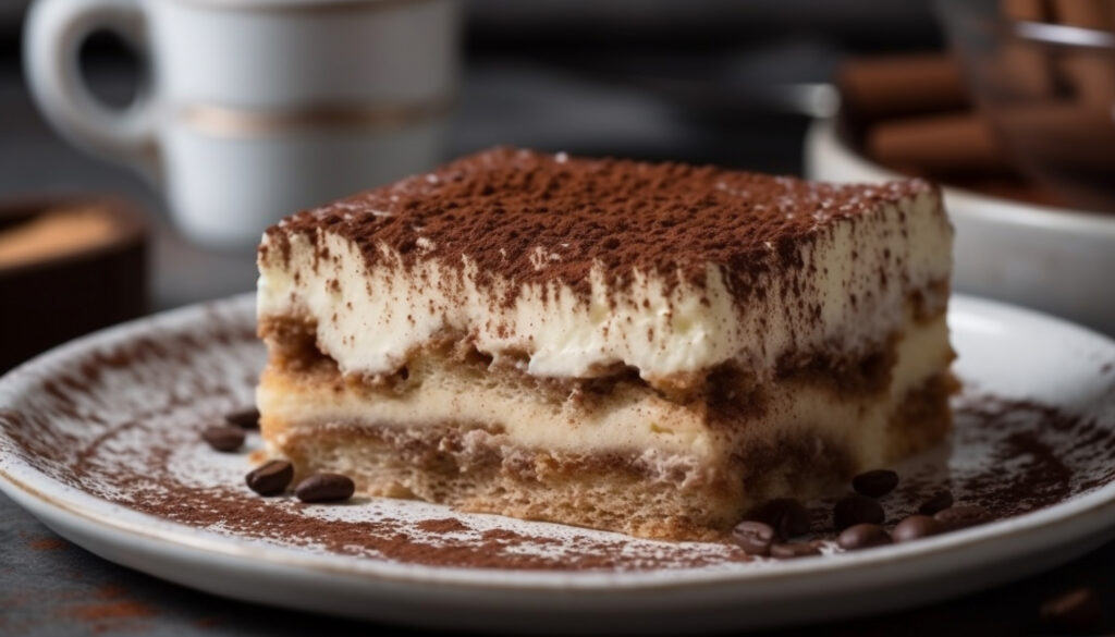 Tiramisu tradicional italiano com camadas de mascarpone e cacau